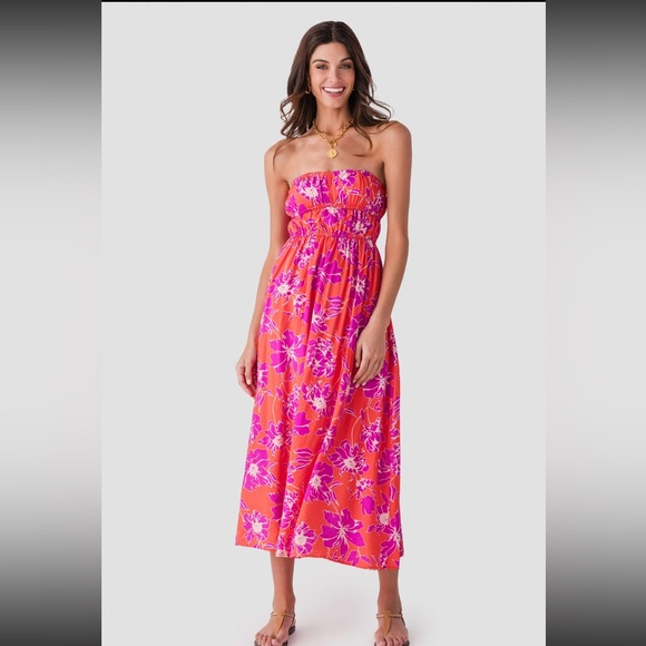 By Together Dresses & Skirts - NWT By Together Maui Strapless Dress Orange Pink Floral Midi Small